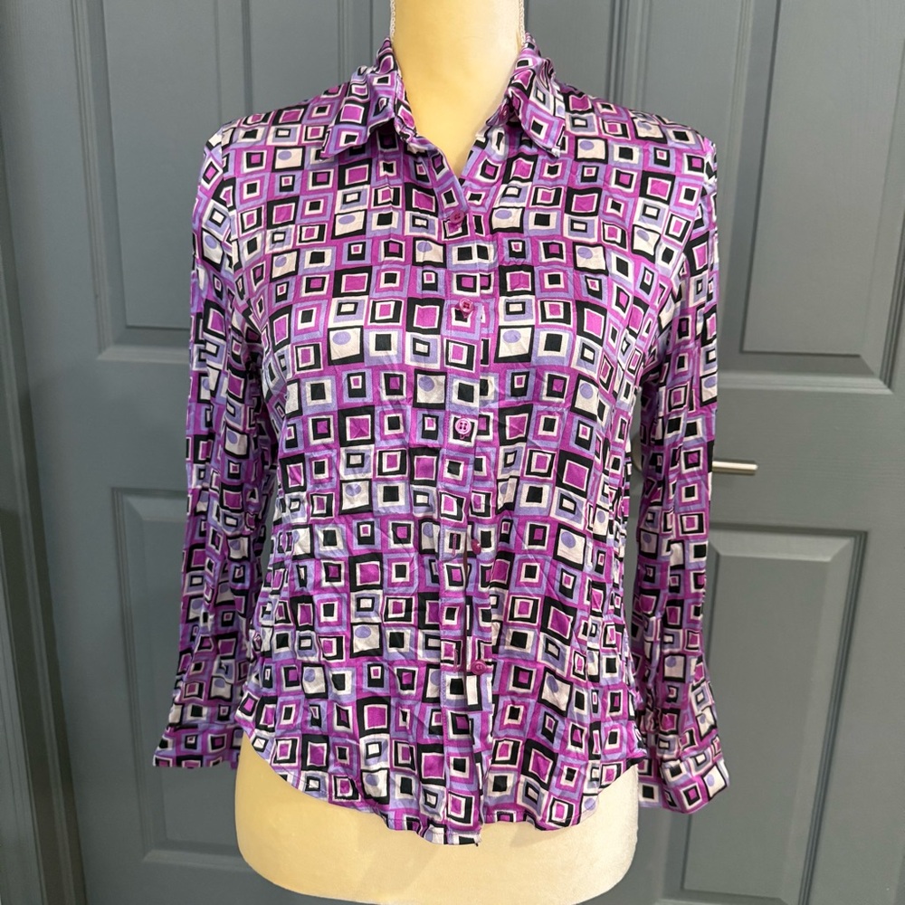 Petite Sophisticate Purple Geometric Button Down Shirt